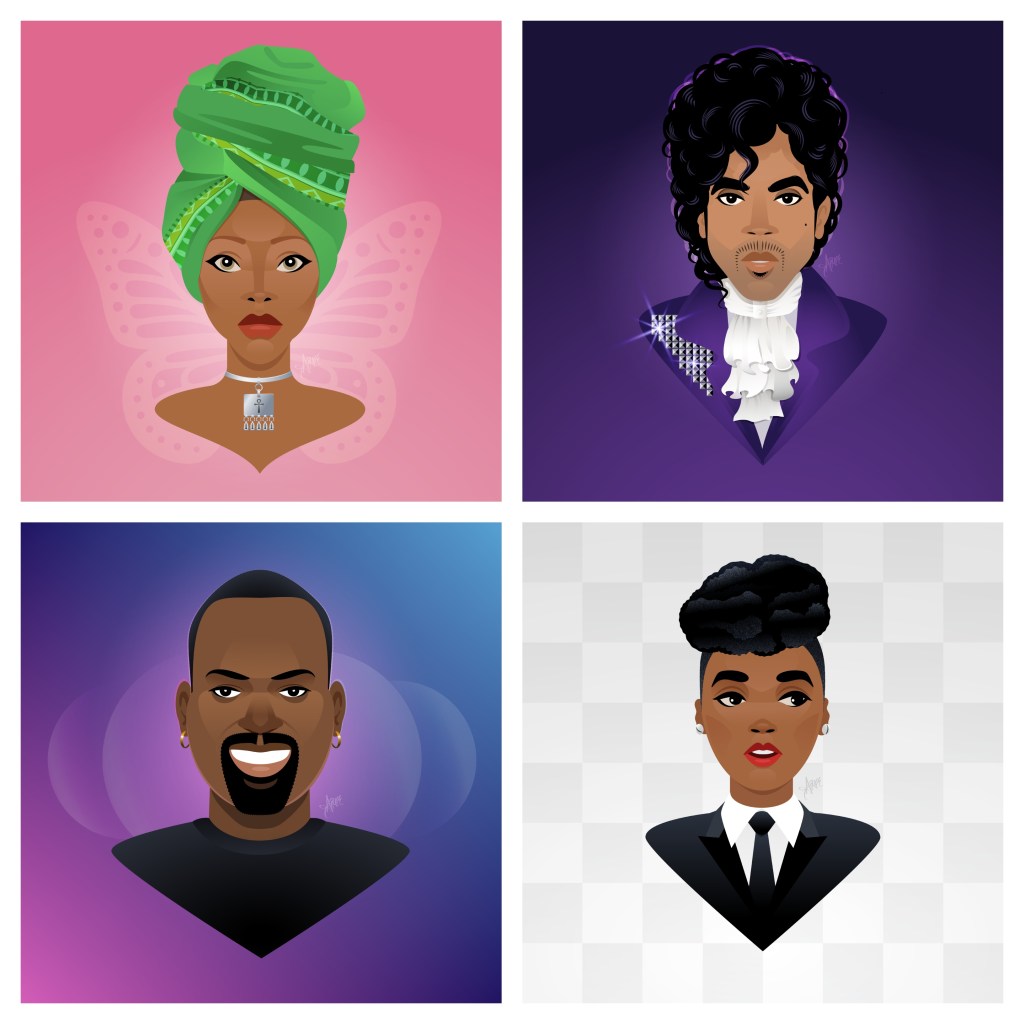 Illustrations of Erykah Badu, Prince, Frankie Knuckles and Janelle Monae - by Aimee Stevland