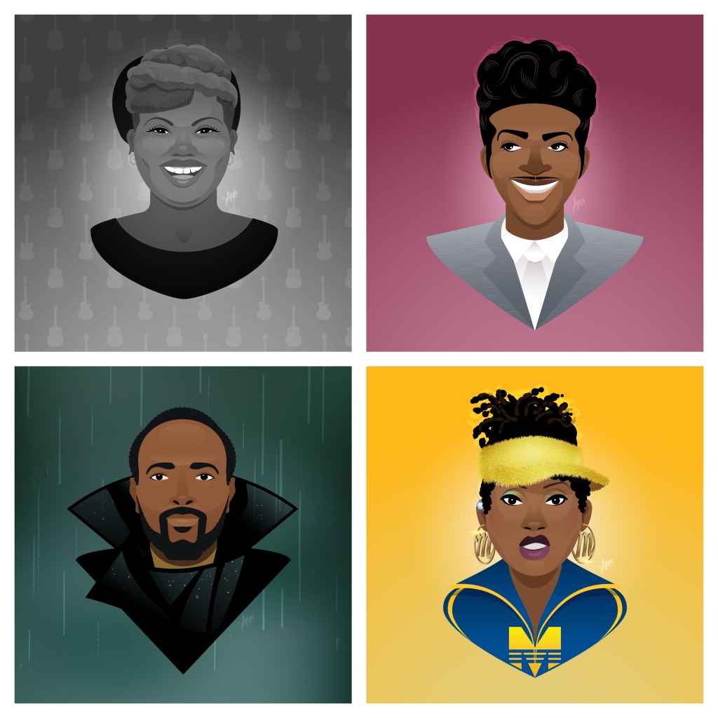 Illustrations of Sister Rosetta Tharpe, Little Richard, Marvin Gaye and Missy Elliott - by Aimee Stevland